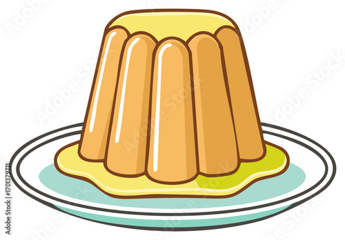 Delicious Cartoon Dessert Illustration of Jello with Yellow Sauce on a Plate