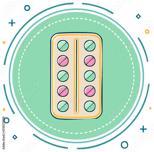 Blister pack of round pills in green and pink colors with a pastel green decorative circle