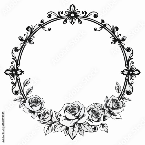 Elegant black and white floral wreath design showcasing intricately drawn roses and decorative elements on a blank canvas