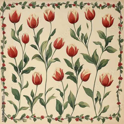 Colorful floral design showcasing vibrant tulips surrounded by delicate green leaves and a charming vine border