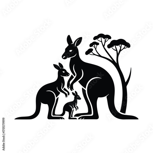 Kangaroo family silhouette with joey near tree standing for unity and protection