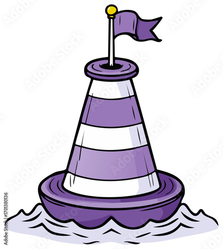 Animated purple and white striped navigational buoy with a flag floating on gentle waves