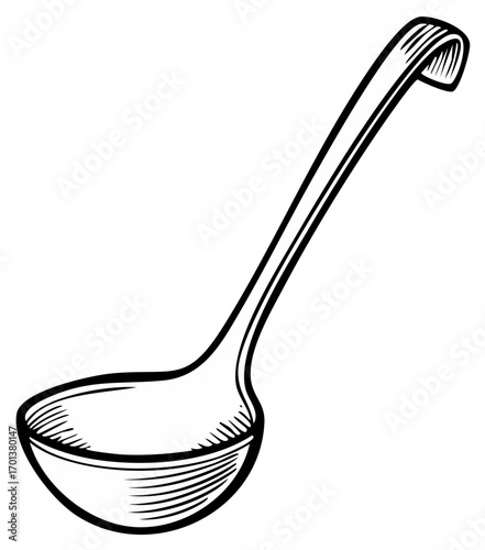 Classic cooking soup ladle utensil black and white vector line art illustration
