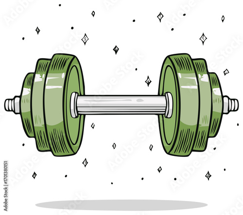 Weightlifting concept featuring a green barbell dumbbell for strength training and fitness exercises