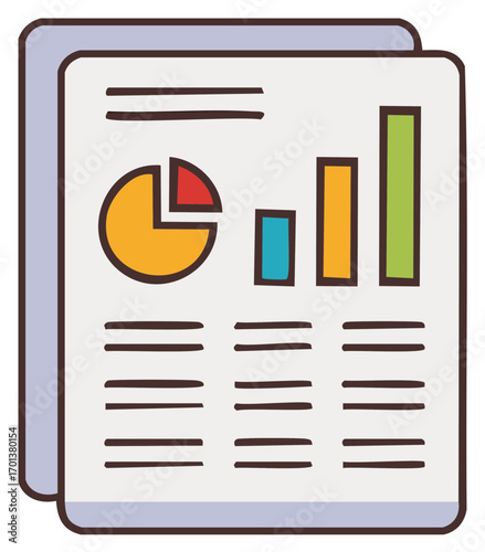 Pile of reports displaying pie chart and bar graphs on sheets with text lines business analytics