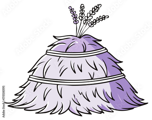 Stylized cartoon illustration of a purple haystack made of dried lavender with fresh flower sprigs