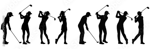 Golf player silhouettes vector set collection of athletes in action swinging club putting and driving illustration isolated on white background sports design