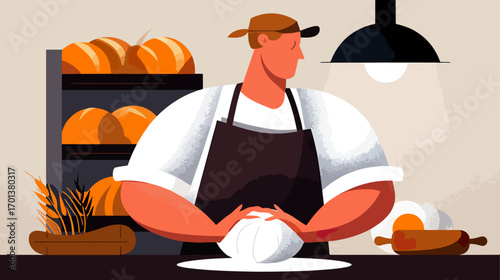 Baker kneading dough in bakery