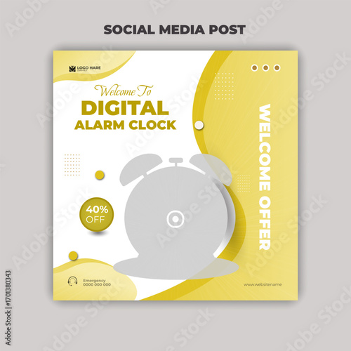 Digital alarm clock social media and instagram post design template