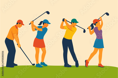 Golf Players vector pack featuring male and female players in different poses swinging hitting and putting black icons for sports and recreation design