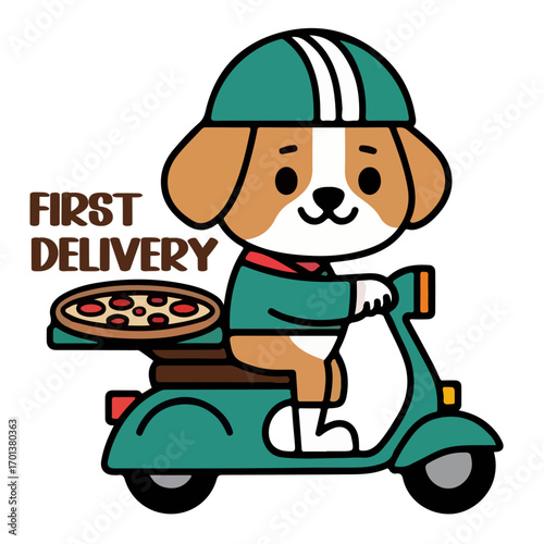 Pizza Food Delivery Illustration Vector Character Riding Scooter, with helmet carrying food box fast service design isolated on white background
