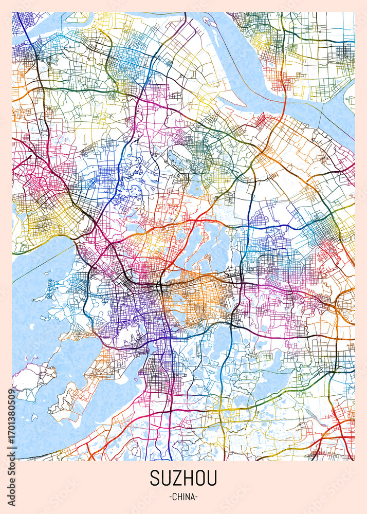Naklejka premium Suzhou China City Map. downtown printable Landmarks print painting, travel art banner modern city, urban city art, background abstract