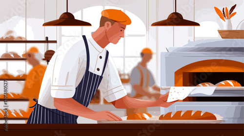 Baker removing bread from oven