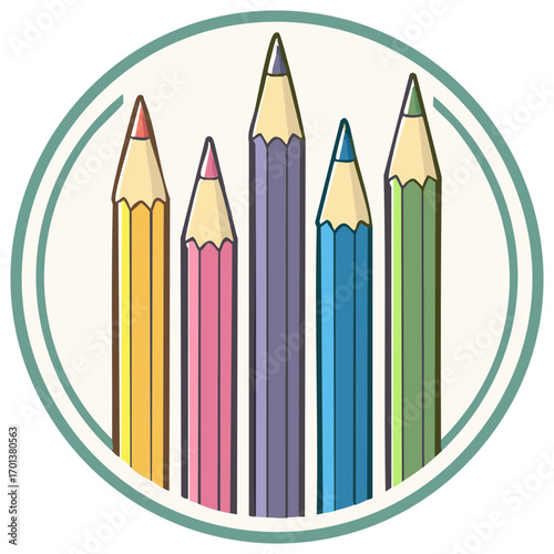 Set of colorful drawing pencils in a circular icon for art education and creative concepts