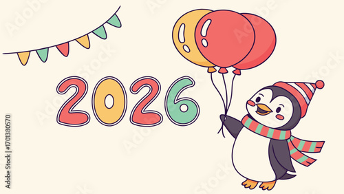 Adorable penguin mascot celebrating New Year 2026 with balloons