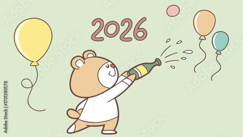 Cute cartoon bear popping champagne, Happy 2026 text floating above