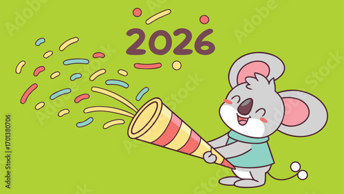 Cute Koala with Confetti Cannon Celebrating New Year 2026, Vector Illustration