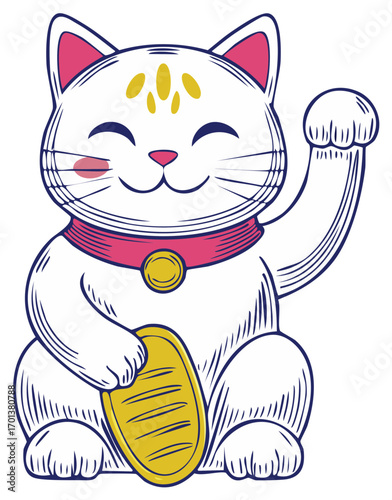 Japanese lucky cat illustration smiling and holding a gold coin