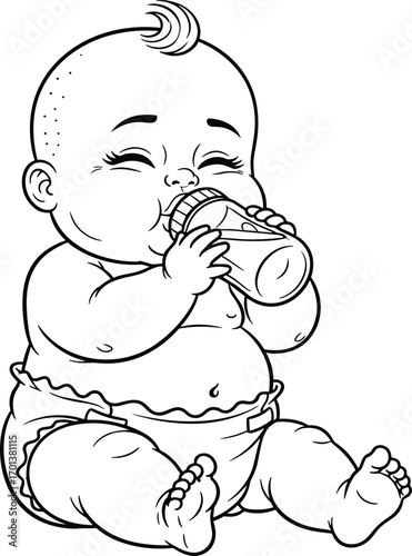 Cute baby drinking milk, cartoon infant, black and white line art, diapered child, bottle feeding, adorable, nurturing, care, childhood, calm