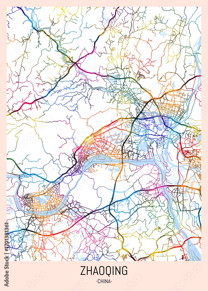 Naklejka premium Zhaoqing China City Map. downtown printable Landmarks print painting, travel art banner modern city, urban city art, background abstract
