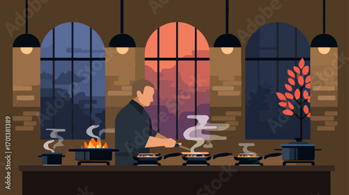 Chef cooking in a cozy kitchen at night