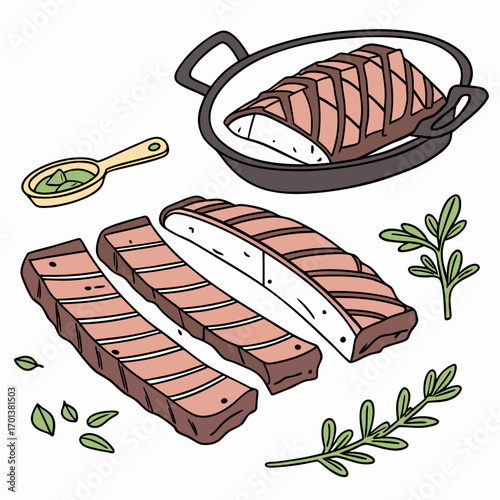 Grilled Steak with Herbs on a White Background