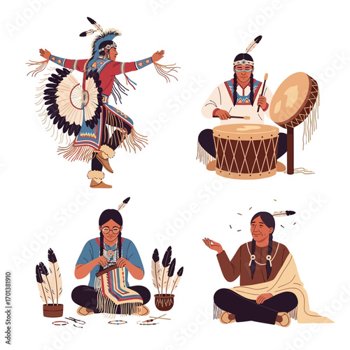 Four illustrations depicting Native American individuals engaged in cultural activities like dancing, drumming, and crafting.