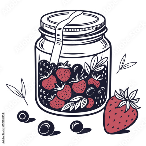 Hand-drawn sketch of a glass jar with homemade berry jam