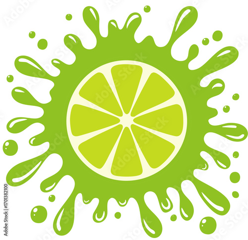 Lime slice with green juice splash and droplets on white background