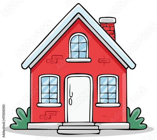 Cartoon Red Brick House with White Trim and a Chimney, Two Windows, and Shrubs in a Children's Drawing Style