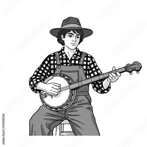 A young man in overalls and a hat plays a banjo, seated.