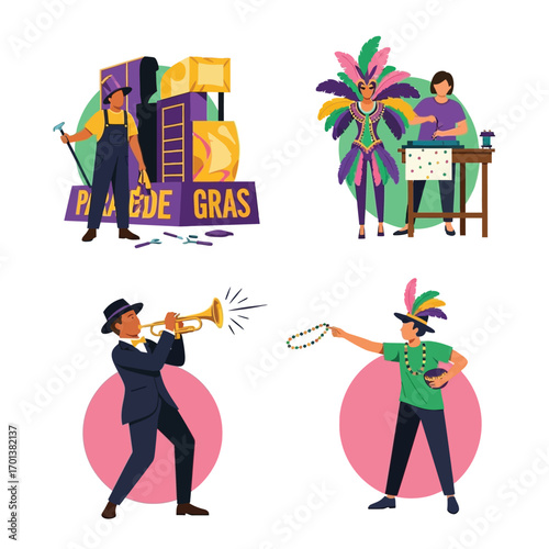 Mardi Gras celebration depicted in four scenes, showing music, costumes, and parade preparations.