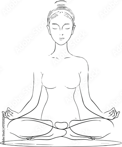 minimal line art of a person in lotus yoga pose, black outline, white background, calm zen style 1