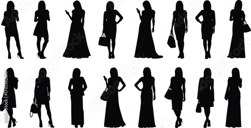 Fashion silhouettes, women style, trendy outfits, elegant poses, modern wardrobe, chic accessories, stylish dresses, urban fashion, feminine look, runway inspiration