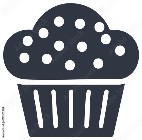 Simple dark cupcake icon with white polka dots and fluted paper liner