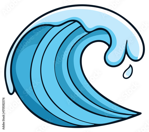 Stylized blue ocean wave with a foam crest in a simple cartoon vector illustration style