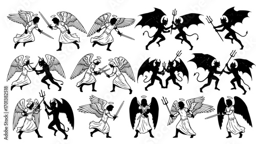 Angels and demons fighting with swords and tridents
