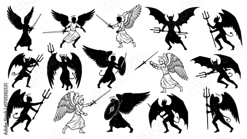 Angels and demons fighting with swords and tridents