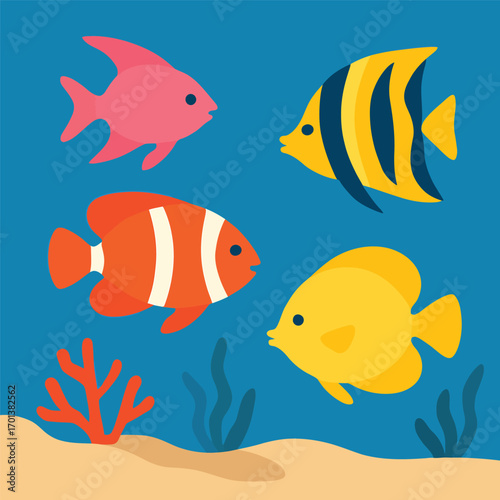 Four colorful cartoon fish swimming in a vibrant underwater scene with coral and seaweed.