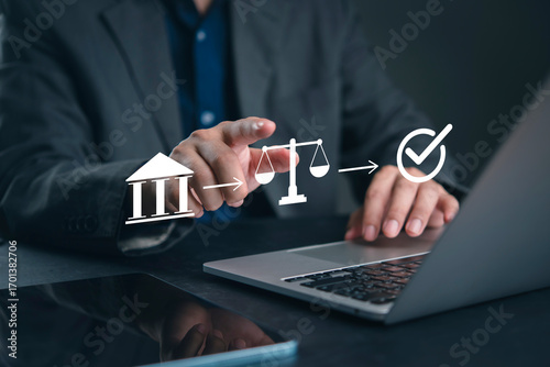 Quadro su tela Compliance, audit manager taps a laptop flow from institution to law to checkmark, tracking regulation, approval, governance, policy, legal risk, security, and workflow