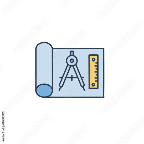 A modern graphic icon showcasing essential architectural planning tools, including a compass and ruler, on a blueprint, symbolizing design, engineering, and building.