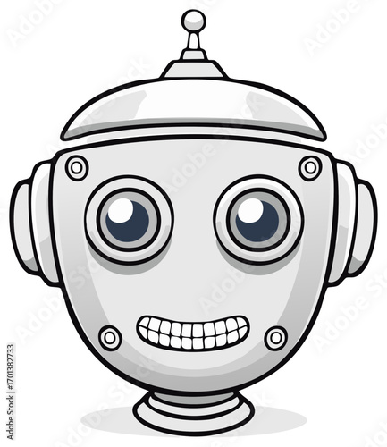Friendly cartoon robot head with big eyes and a wide smile