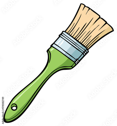 A green paint brush with a light tan bristle head and a silver band