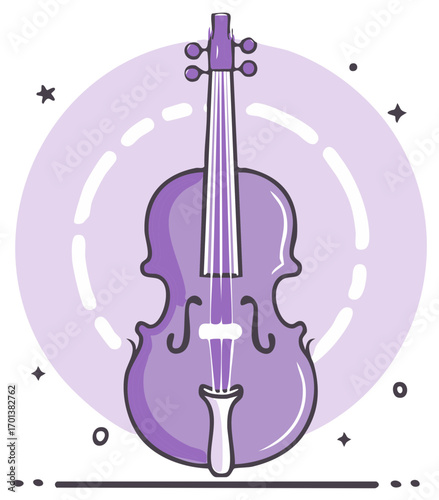 Vector illustration of a stylized purple violin with a light purple circle and decorative elements