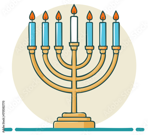 Cartoon Menorah with Burning Candles Illustration. Holiday Symbol or Festival Decoration.