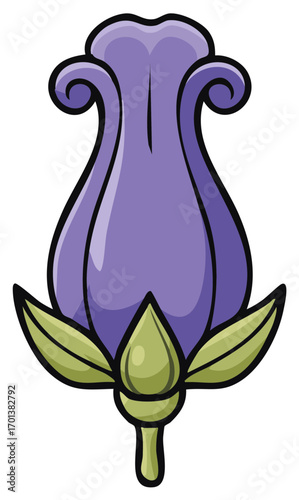 Stylized illustration of a purple bellflower bud with green leaves and stem