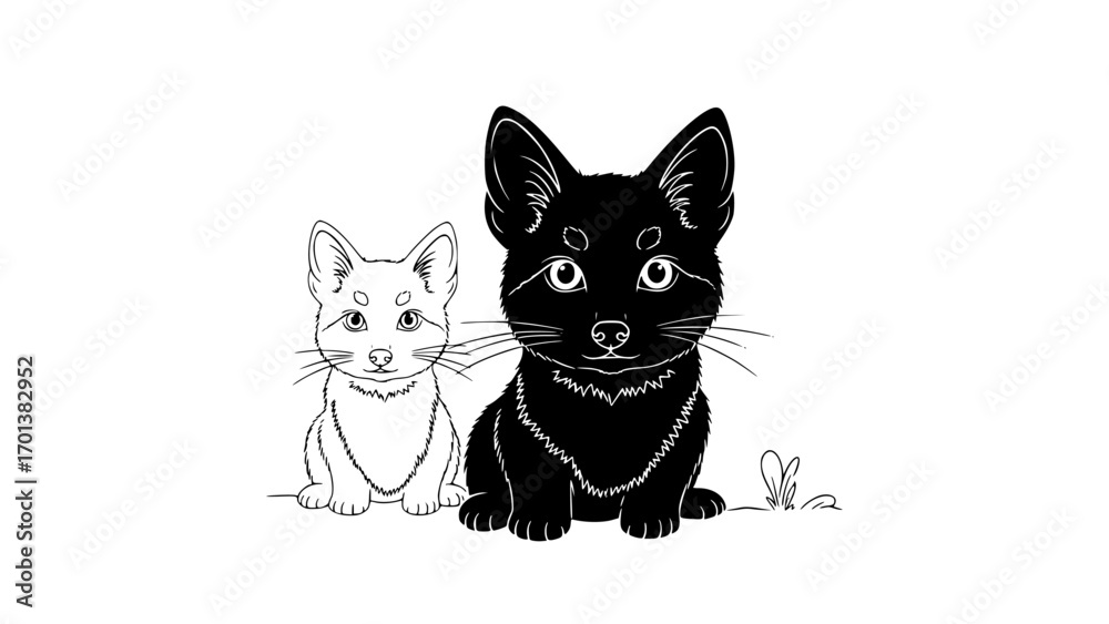 Fototapeta premium Two adorable kittens, one black and one white, sitting side by side