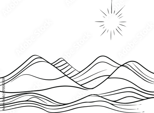 simple line art of mountains and sun, continuous black stroke, white background, clean abstract landscape 3.