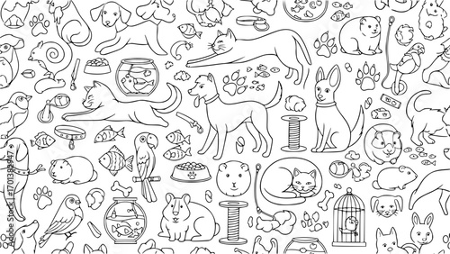 A busy doodle pattern showcasing a variety of domestic pets and their accessories
