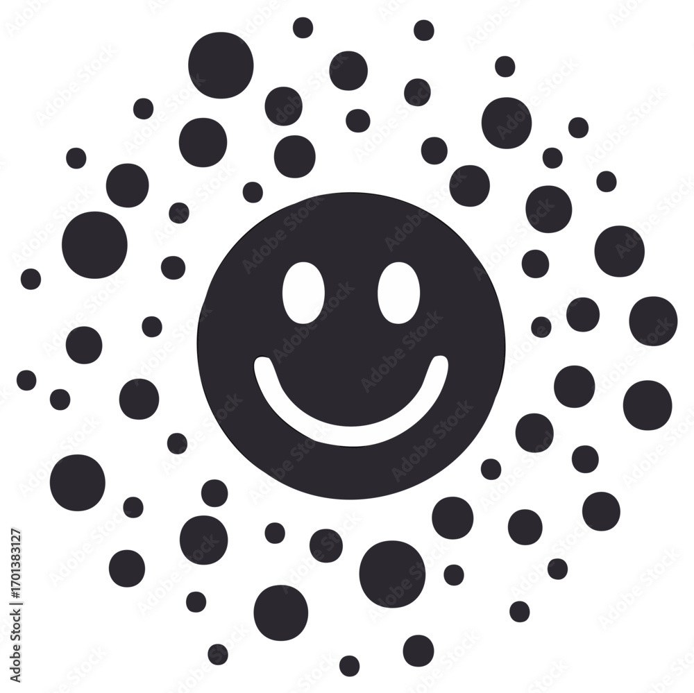 Fototapeta premium Smiling face emoji with abstract dark circles and dots pattern